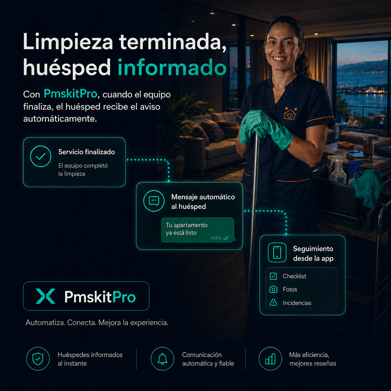 PMS Kit Pro · Aviso automático al huésped cuando el apartamento está listo